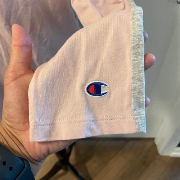 Champion two tone pink and gray Large long sleeve pullover top front cuff logo - Picture 8 of 12